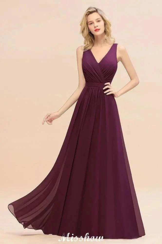 Sleeveless A-line Chiffon Bridesmaid Dress Floor-Length V-Neck Party Gown - Image 5