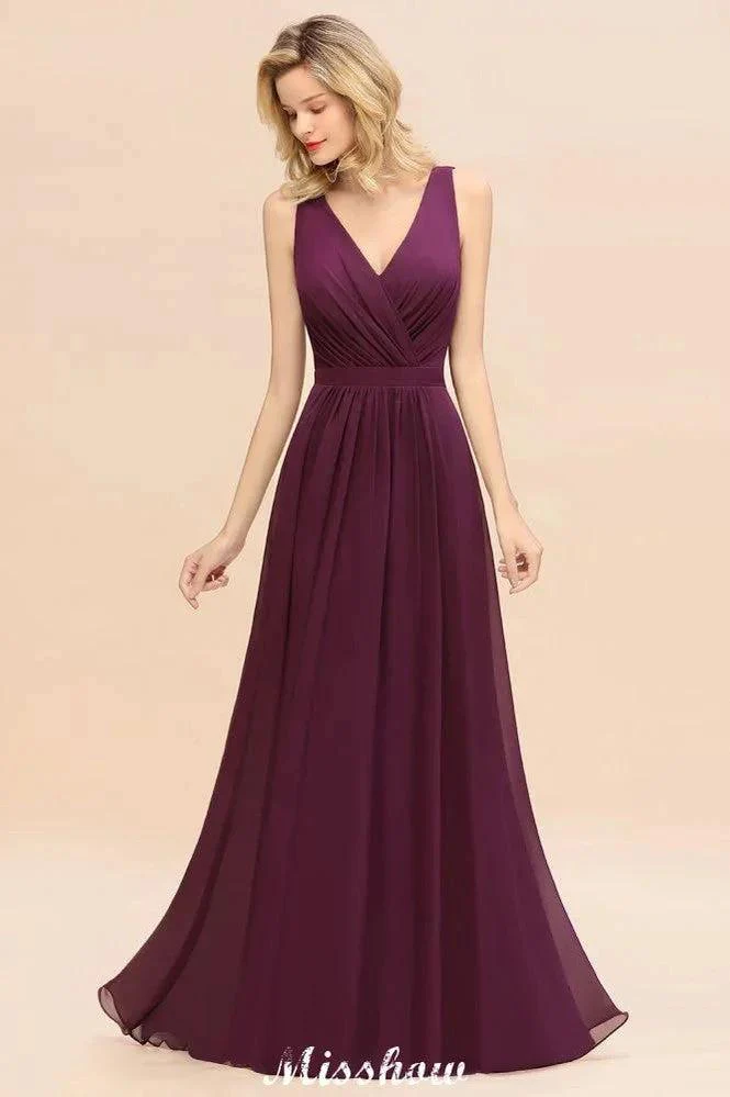 Sleeveless A-line Chiffon Bridesmaid Dress Floor-Length V-Neck Party Gown - Image 6