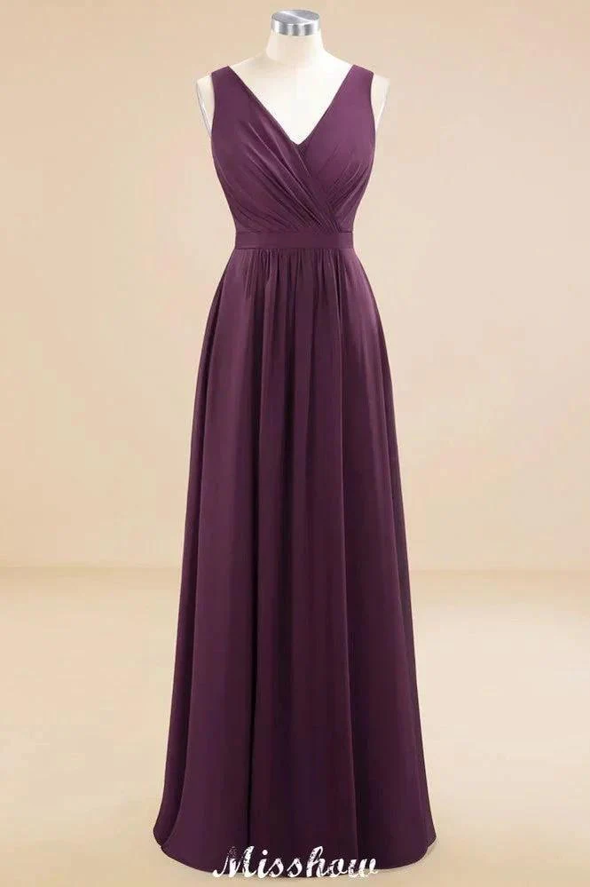 Sleeveless A-line Chiffon Bridesmaid Dress Floor-Length V-Neck Party Gown - Image 9