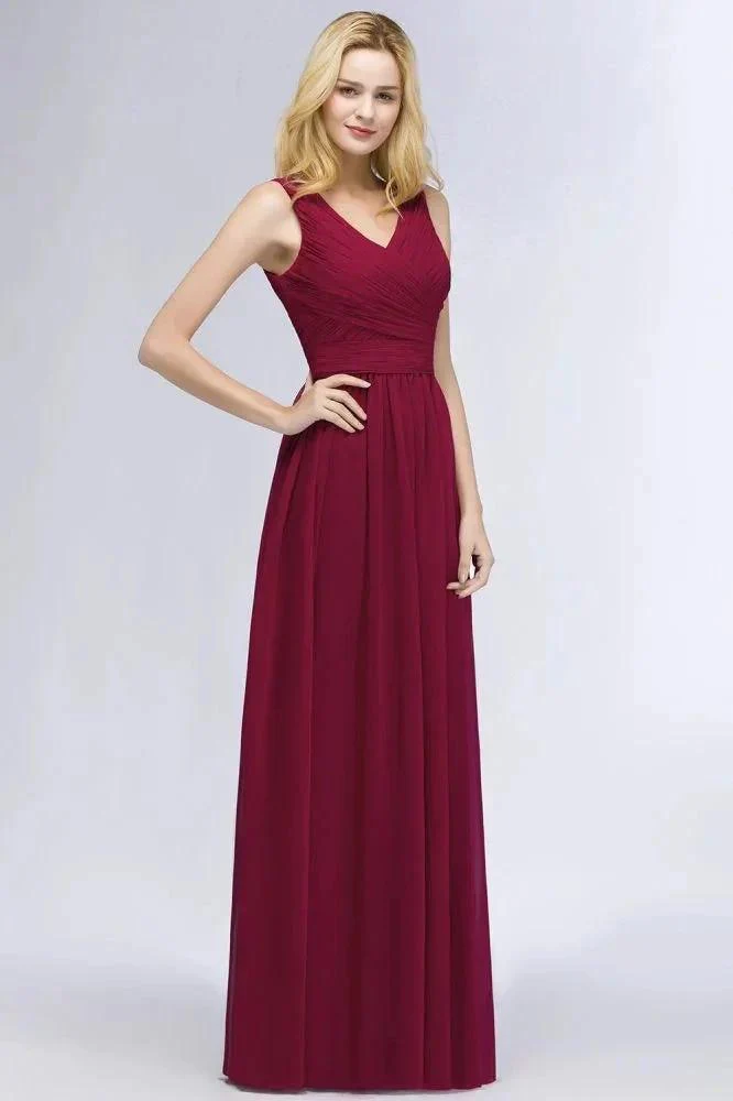 Sleeveless A-line V-neck Ruffled Chiffon Bridesmaid Dresses Floor Length Party Dress - Image 3