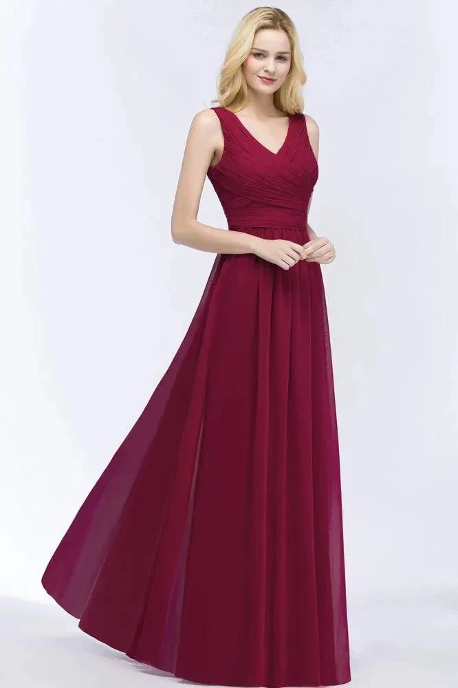 Sleeveless A-line V-neck Ruffled Chiffon Bridesmaid Dresses Floor Length Party Dress - Image 5