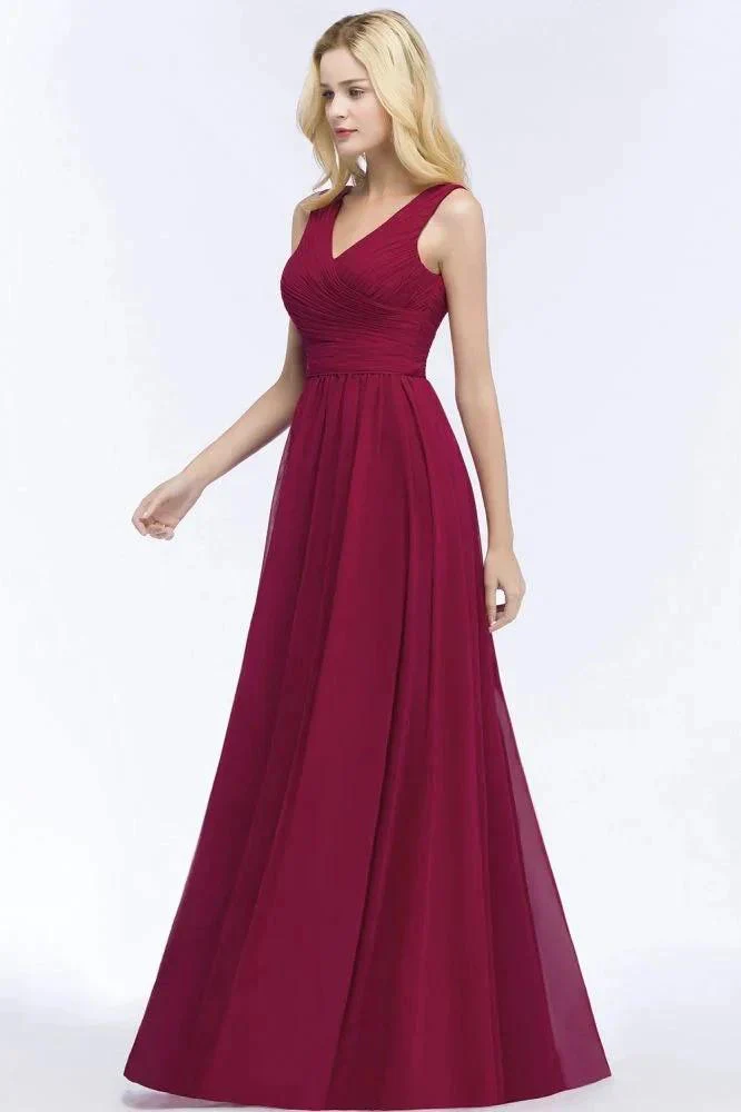 Sleeveless A-line V-neck Ruffled Chiffon Bridesmaid Dresses Floor Length Party Dress - Image 6