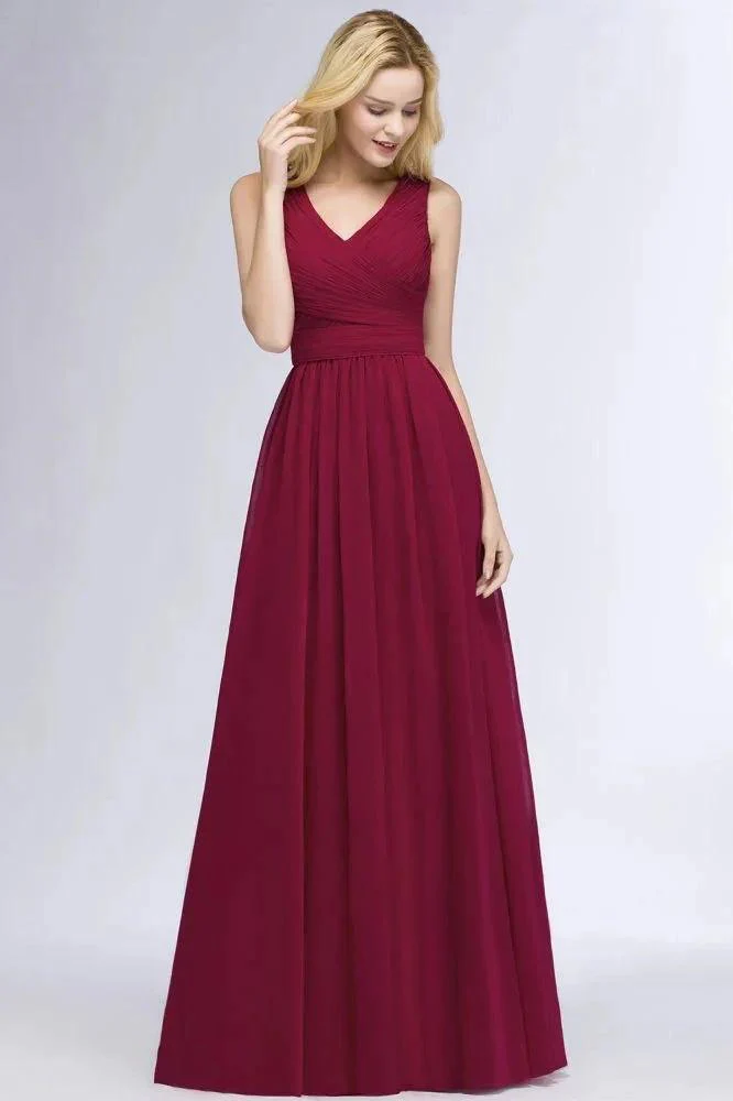 Sleeveless A-line V-neck Ruffled Chiffon Bridesmaid Dresses Floor Length Party Dress - Image 7