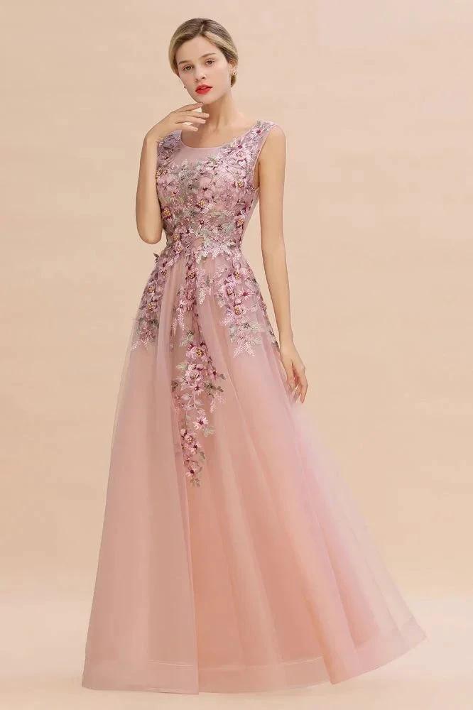 Sleeveless Aline Dusty Pink Long Evening Dress Tulle Lace Appliques Party Dress - Image 10