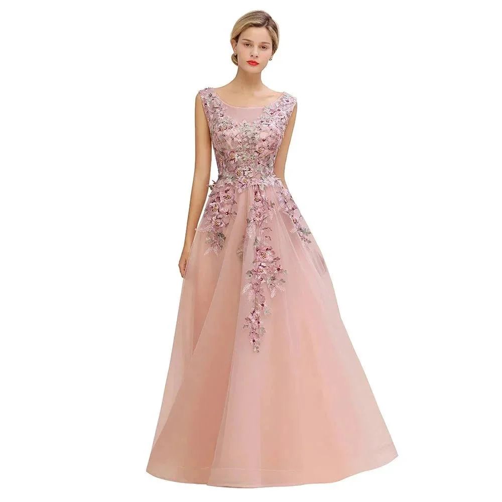 Sleeveless Aline Dusty Pink Long Evening Dress Tulle Lace Appliques Party Dress - Image 11