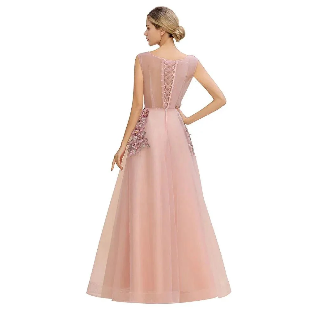 Sleeveless Aline Dusty Pink Long Evening Dress Tulle Lace Appliques Party Dress - Image 12