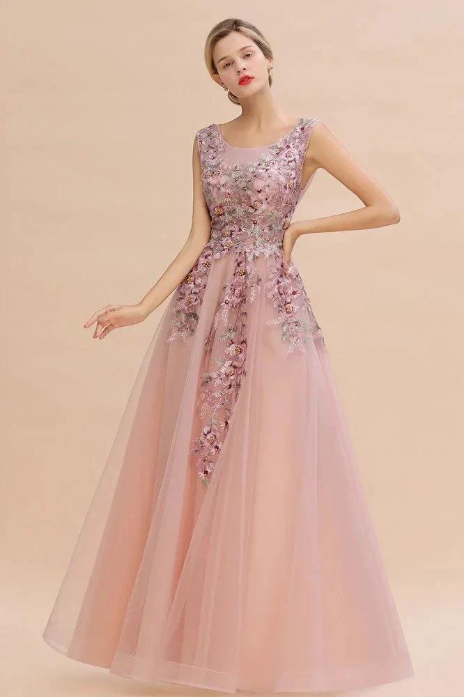 Sleeveless Aline Dusty Pink Long Evening Dress Tulle Lace Appliques Party Dress - Image 2