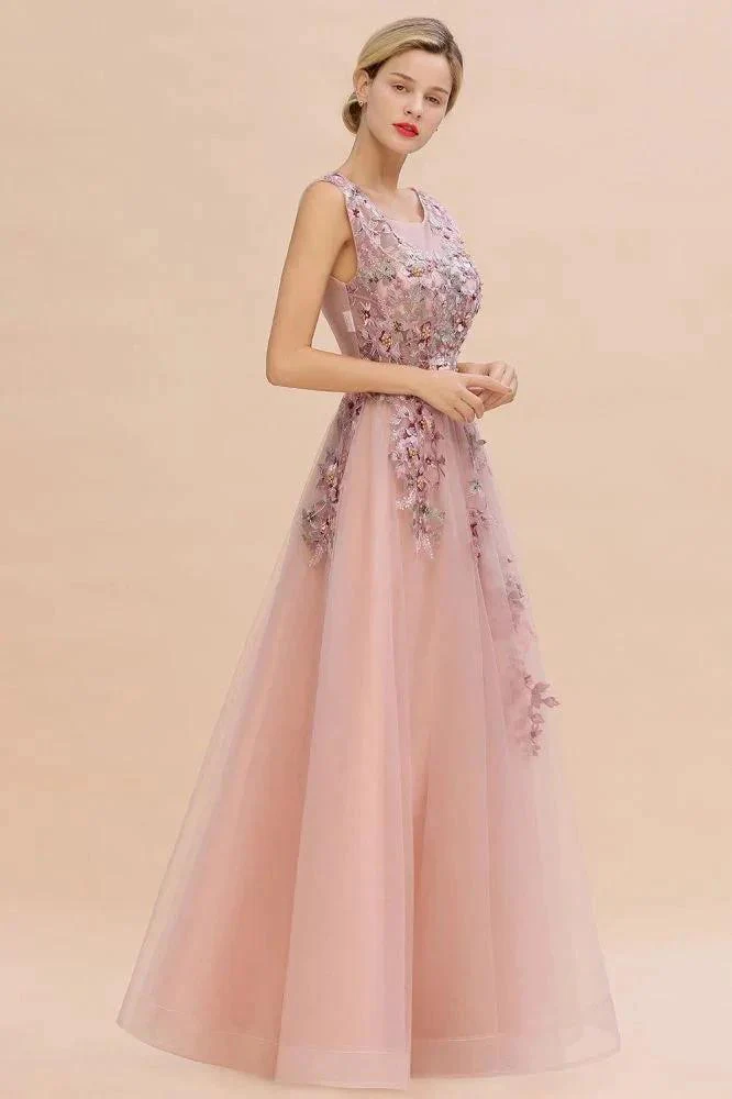 Sleeveless Aline Dusty Pink Long Evening Dress Tulle Lace Appliques Party Dress - Image 3