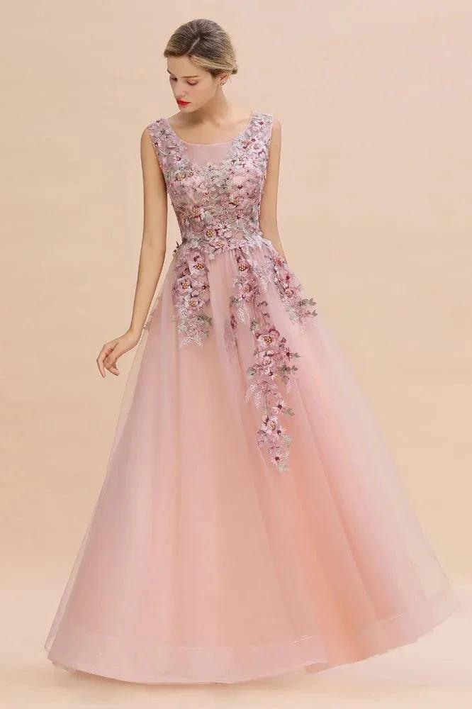 Sleeveless Aline Dusty Pink Long Evening Dress Tulle Lace Appliques Party Dress - Image 4