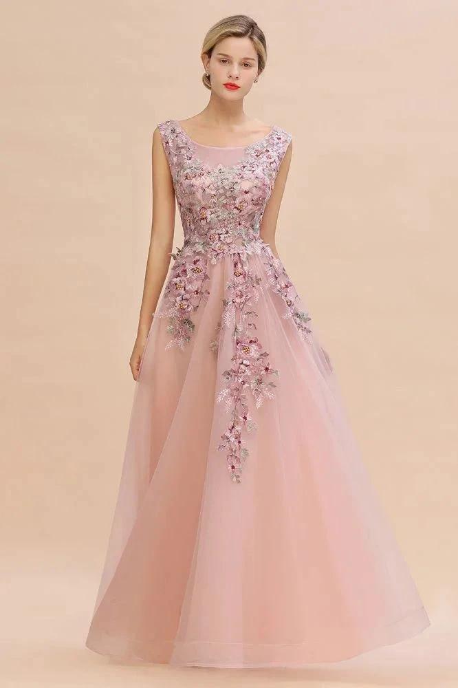 Sleeveless Aline Dusty Pink Long Evening Dress Tulle Lace Appliques Party Dress - Image 5