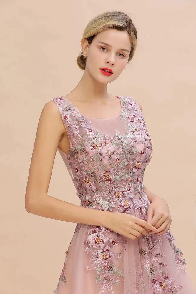 Sleeveless Aline Dusty Pink Long Evening Dress Tulle Lace Appliques Party Dress - Image 6