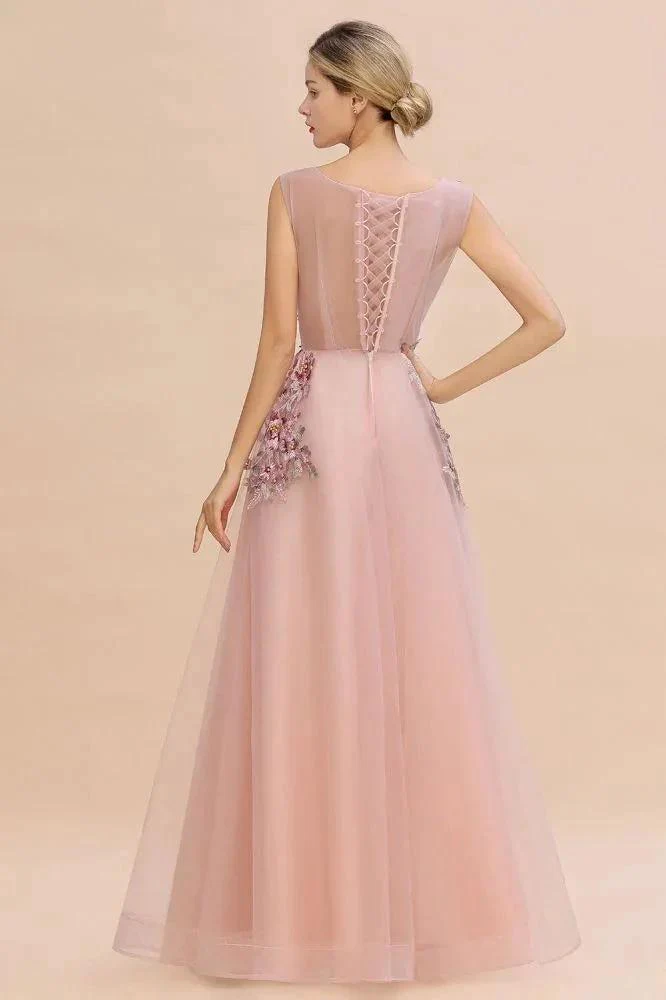 Sleeveless Aline Dusty Pink Long Evening Dress Tulle Lace Appliques Party Dress - Image 7