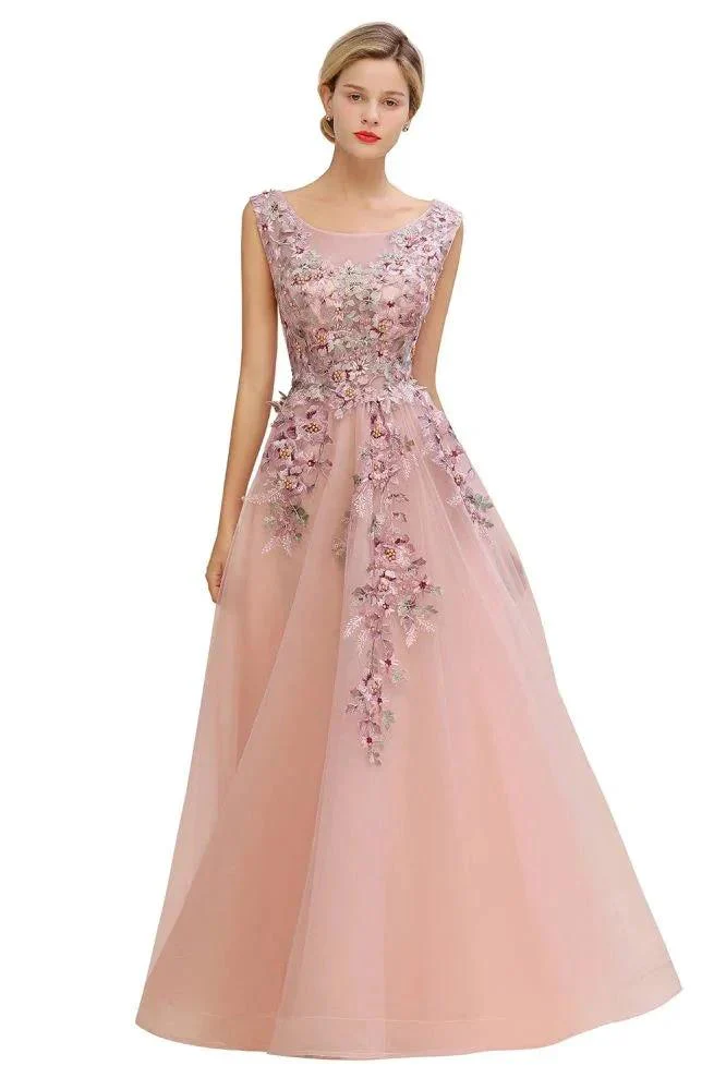 Sleeveless Aline Dusty Pink Long Evening Dress Tulle Lace Appliques Party Dress - Image 8