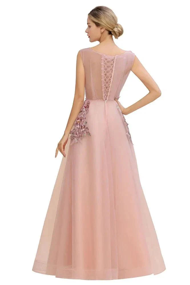 Sleeveless Aline Dusty Pink Long Evening Dress Tulle Lace Appliques Party Dress - Image 9