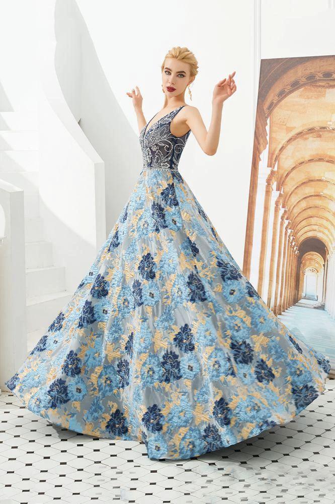 Sleeveless Aline Evening Dress V-Neck Flower Floor Length Prom Dress - Image 2