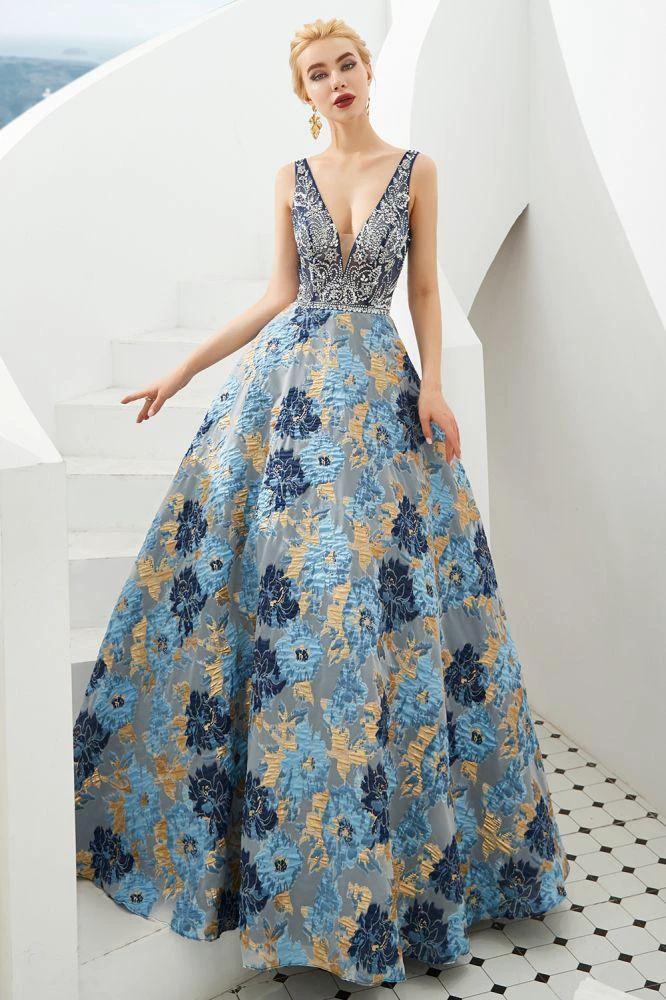 Sleeveless Aline Evening Dress V-Neck Flower Floor Length Prom Dress - Image 3