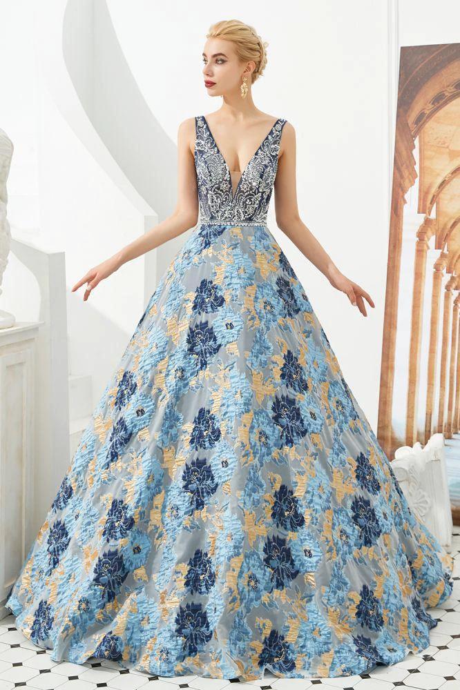Sleeveless Aline Evening Dress V-Neck Flower Floor Length Prom Dress - Image 4