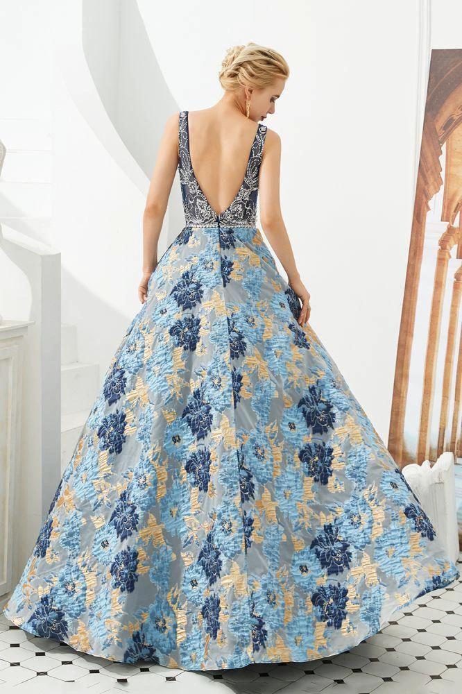 Sleeveless Aline Evening Dress V-Neck Flower Floor Length Prom Dress - Image 5
