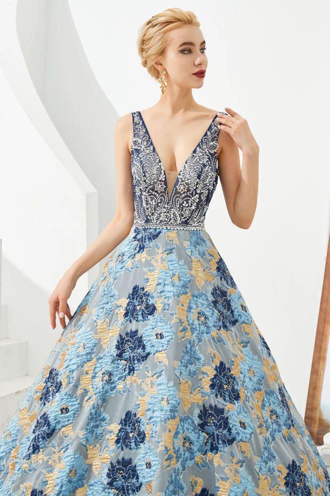 Sleeveless Aline Evening Dress V-Neck Flower Floor Length Prom Dress - Image 7
