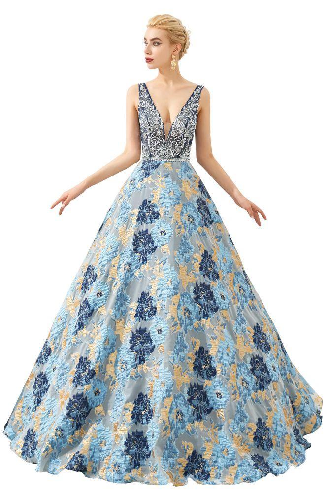 Sleeveless Aline Evening Dress V-Neck Flower Floor Length Prom Dress - Image 9