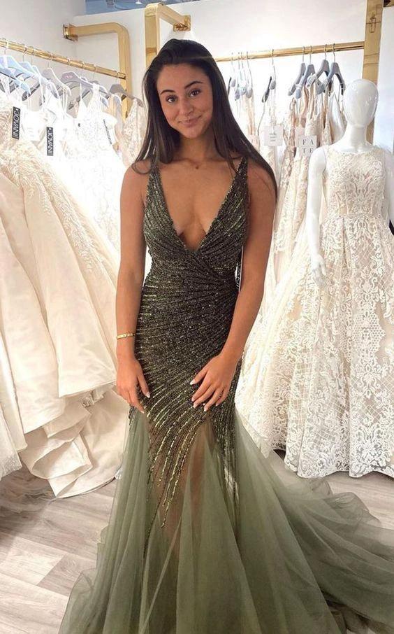 Sleeveless Bodice with Deep V-neck Prom Dress,Sexy Mermaid Evening Dress Y1704 - Image 2