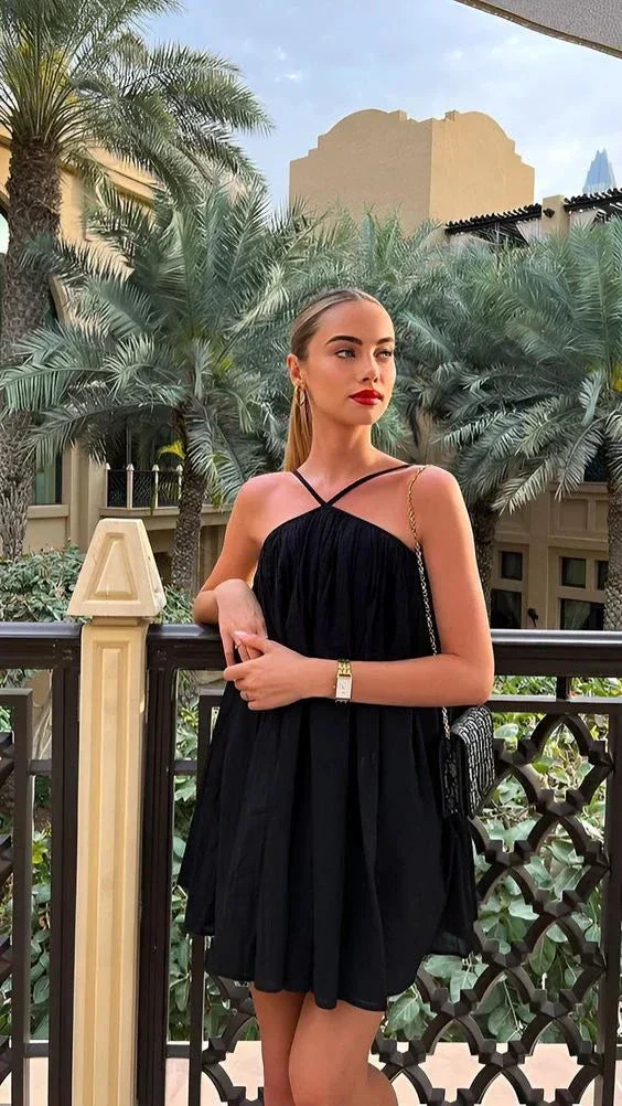 Sleeveless Casual Sling Dress Beach One Piece Halter Black Short Homecoming Dress Party Dress Y7108 - Image 2