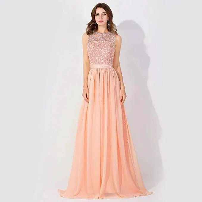 Sleeveless Chiffon Beading Evening Party Dress Crew Neck aline Bridesmaid Dress - Image 3