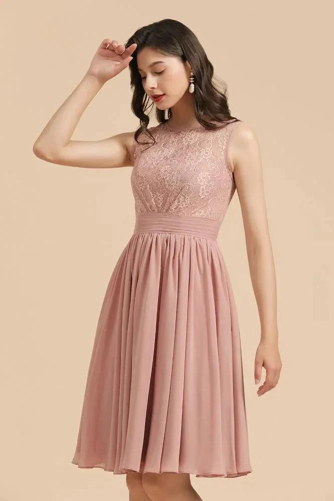 Sleeveless Crew neck Lace Chiffon Party Dress Mini Bridesmaid Dress - Image 6