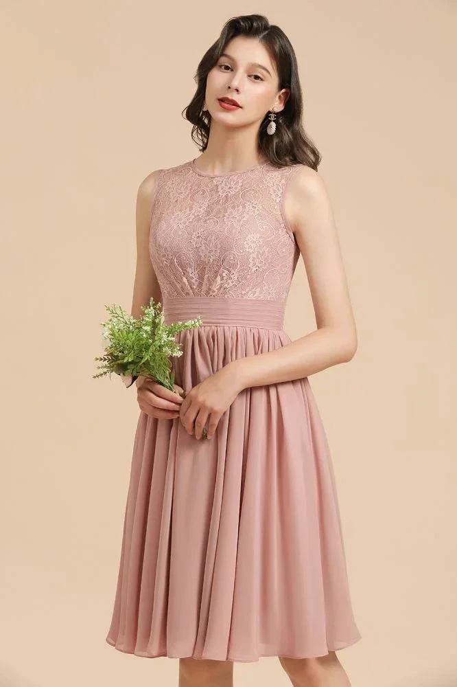 Sleeveless Crew neck Lace Chiffon Party Dress Mini Bridesmaid Dress - Image 8