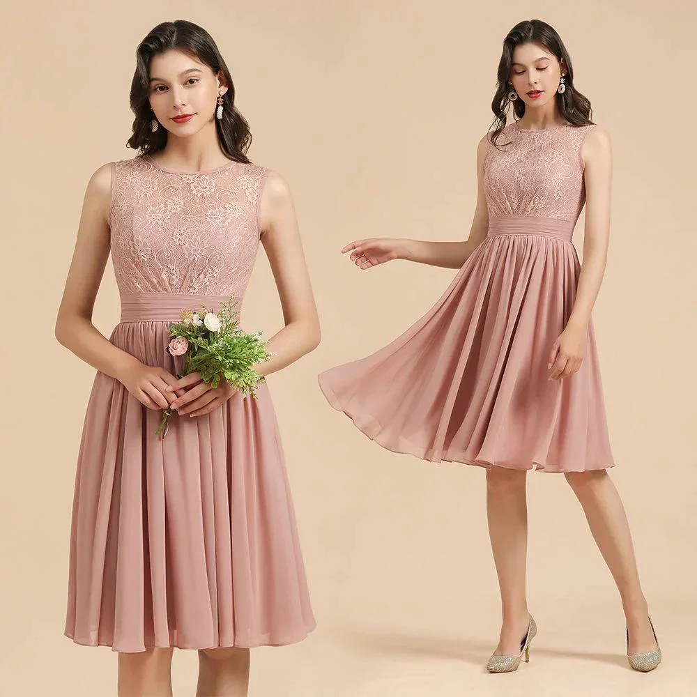 Sleeveless Crew neck Lace Chiffon Party Dress Mini Bridesmaid Dress - Image 9