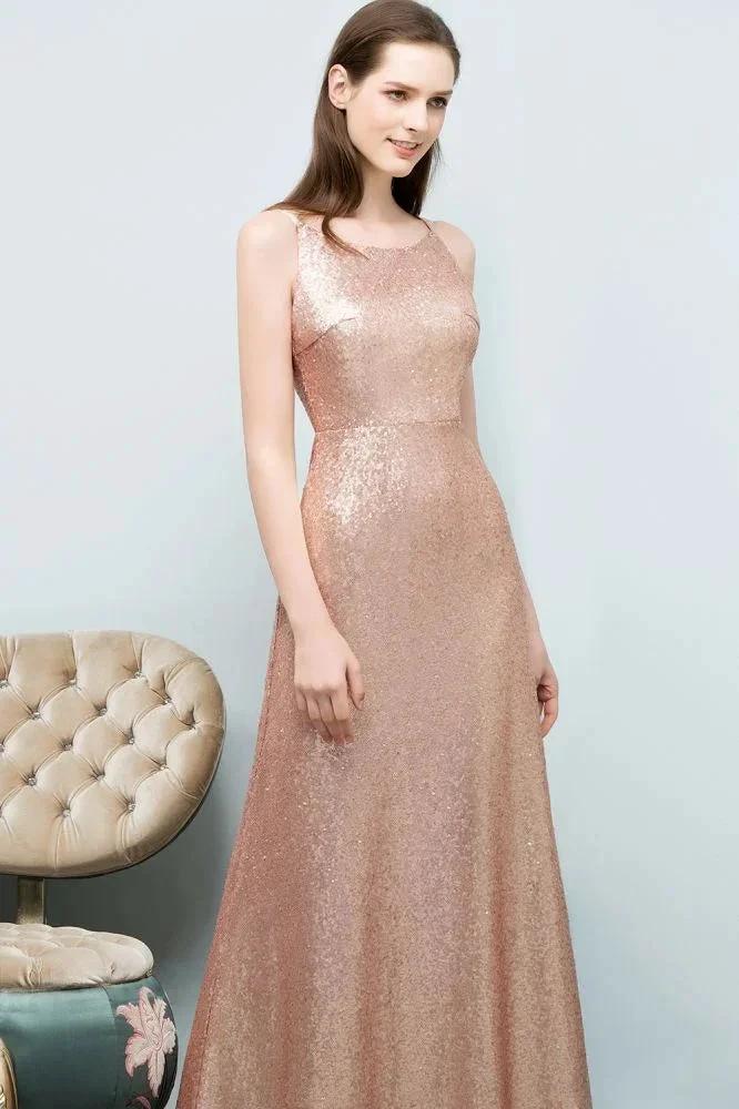Sleeveless Floor Length A-line Scoop Sequined Prom Dresses - Image 4