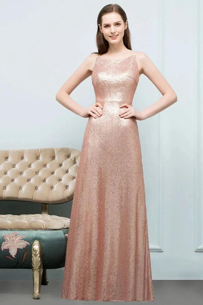 Sleeveless Floor Length A-line Scoop Sequined Prom Dresses - Image 8