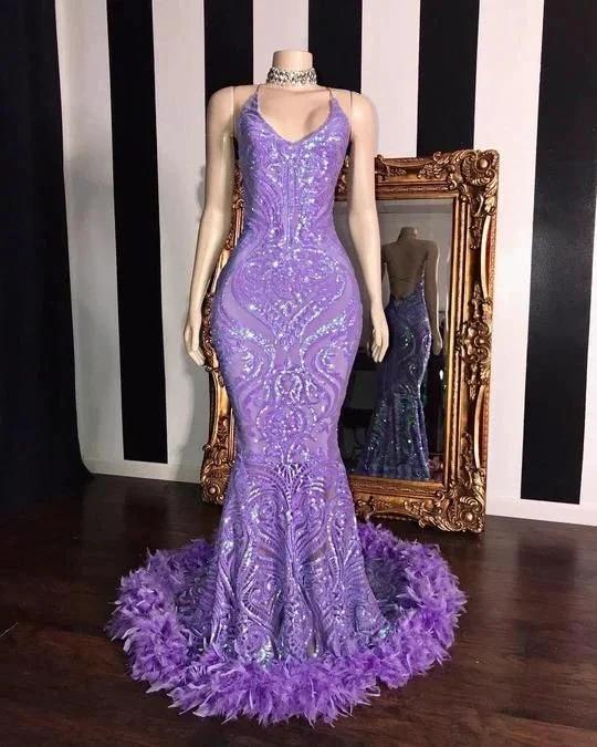 Sleeveless Halter Mermaid Prom Dress with Sequins and Feather Detail - Image 2