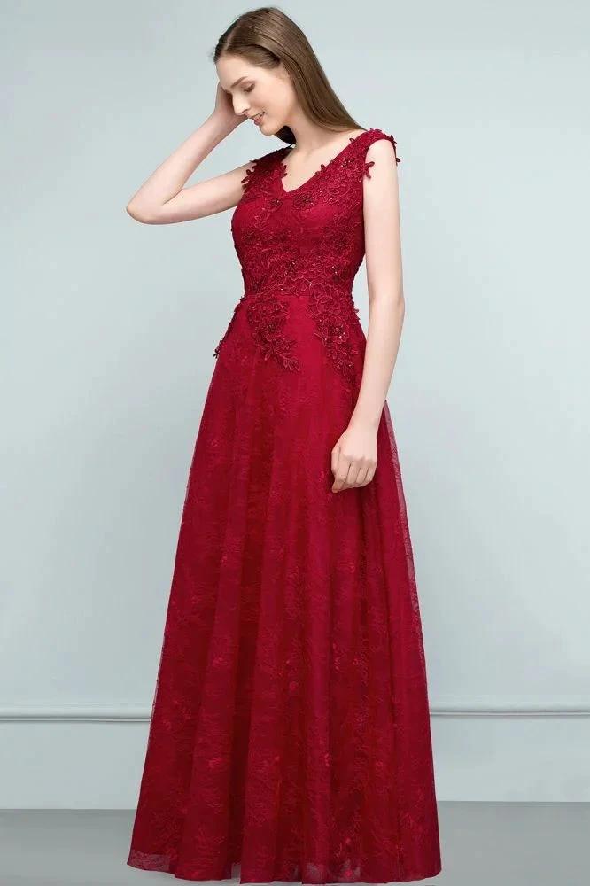 Sleeveless Lace Appliques A-line V-neck Long Prom Dresses with Crystals - Image 2