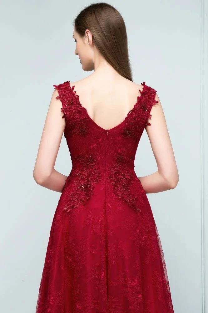 Sleeveless Lace Appliques A-line V-neck Long Prom Dresses with Crystals - Image 3