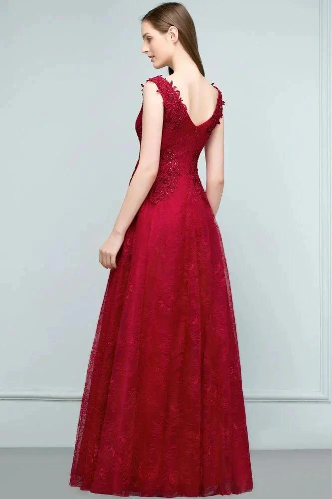 Sleeveless Lace Appliques A-line V-neck Long Prom Dresses with Crystals - Image 4