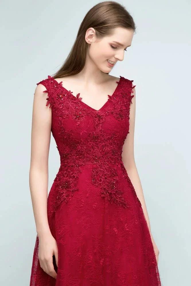 Sleeveless Lace Appliques A-line V-neck Long Prom Dresses with Crystals - Image 5