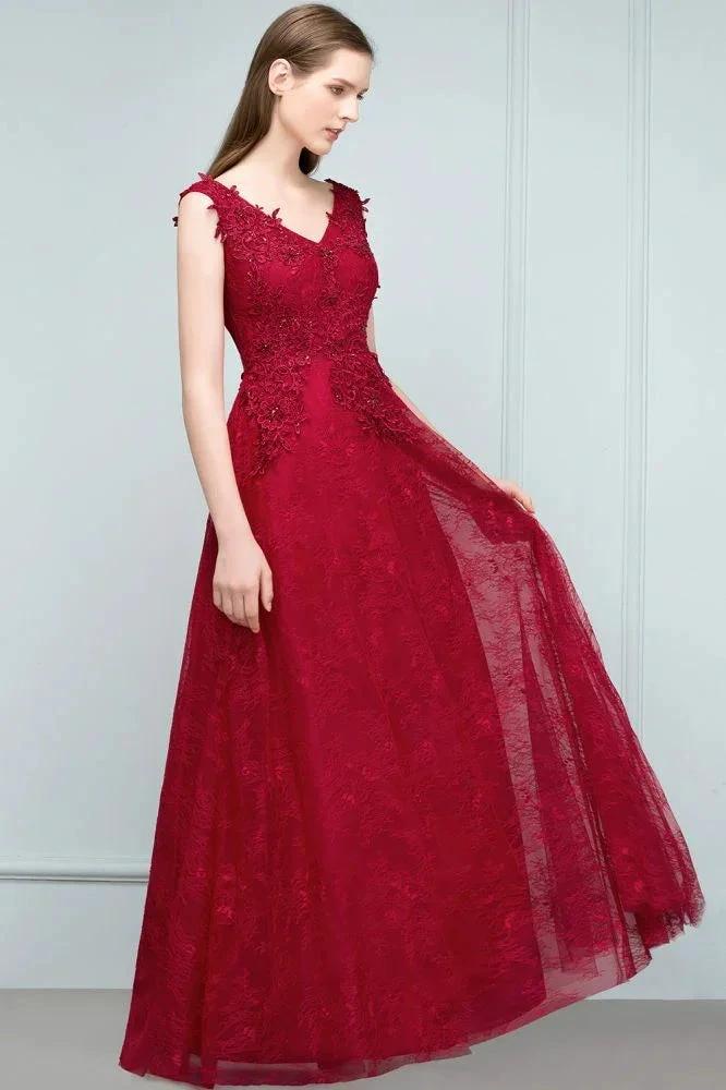 Sleeveless Lace Appliques A-line V-neck Long Prom Dresses with Crystals - Image 6