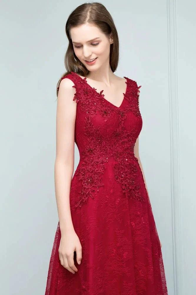 Sleeveless Lace Appliques A-line V-neck Long Prom Dresses with Crystals - Image 7