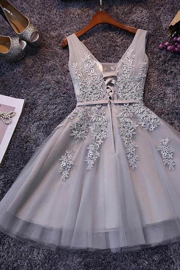 Sleeveless Lace-up Tulle Short homecoming Dress Lace Appliques PG098 - Image 2