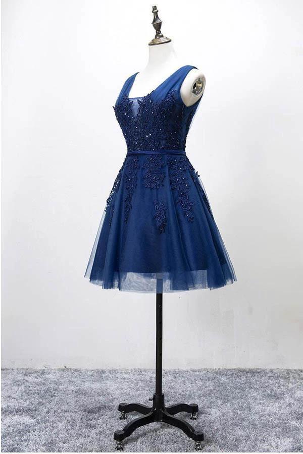 Sleeveless Lace-up Tulle Short homecoming Dress Lace Appliques PG098 - Image 3