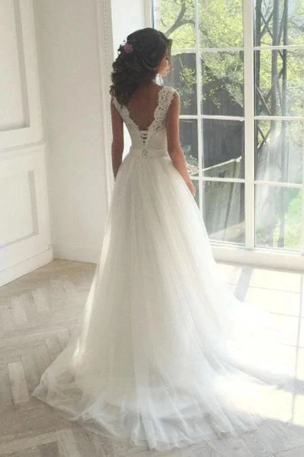 Sleeveless Lace White A-Line Sweep Train Wedding Dress WD096 - Image 2