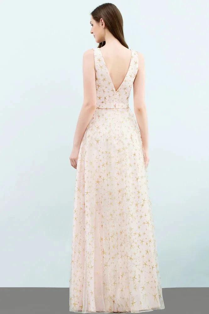 Sleeveless Long A-line V-neck Appliqued Tulle Prom Dresses - Image 2
