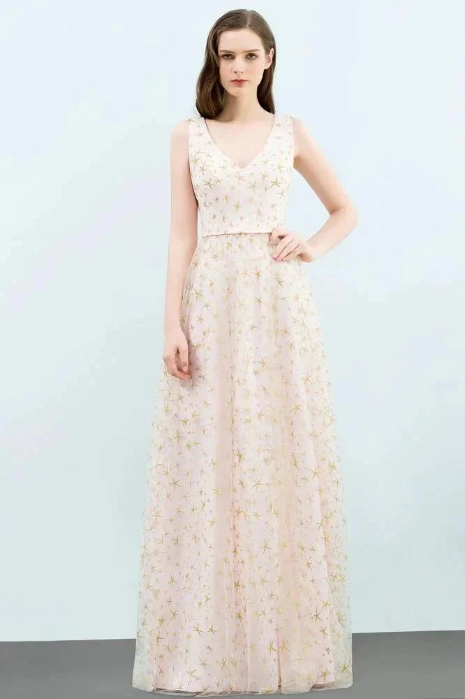 Sleeveless Long A-line V-neck Appliqued Tulle Prom Dresses - Image 3