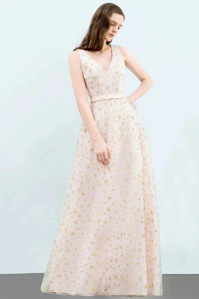 Sleeveless Long A-line V-neck Appliqued Tulle Prom Dresses - Image 4