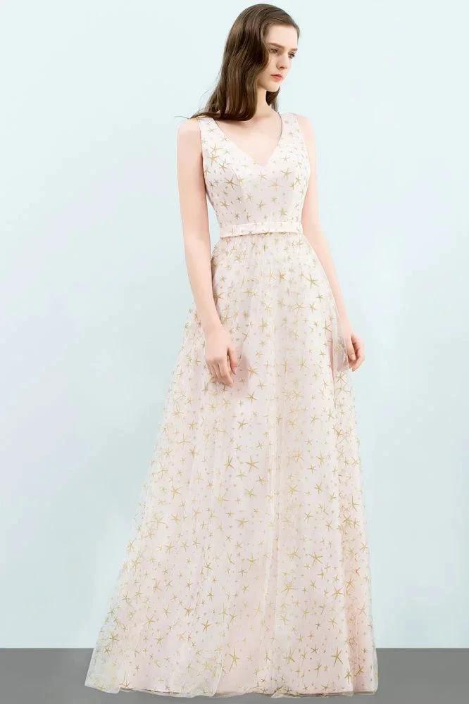 Sleeveless Long A-line V-neck Appliqued Tulle Prom Dresses - Image 7