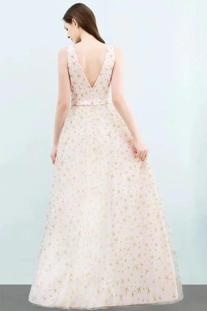 Sleeveless Long A-line V-neck Appliqued Tulle Prom Dresses - Image 8