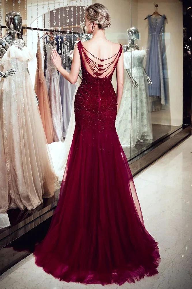 Sleeveless Long Sequined Tulle Burgundy Evening Gown - Image 2