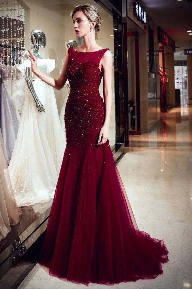 Sleeveless Long Sequined Tulle Burgundy Evening Gown - Image 5