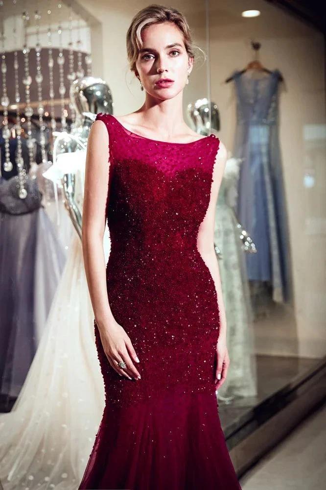 Sleeveless Long Sequined Tulle Burgundy Evening Gown - Image 6